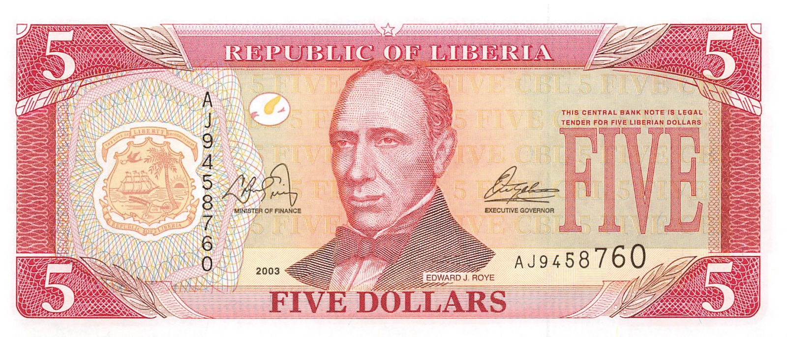 liberia 5 dollars 2003